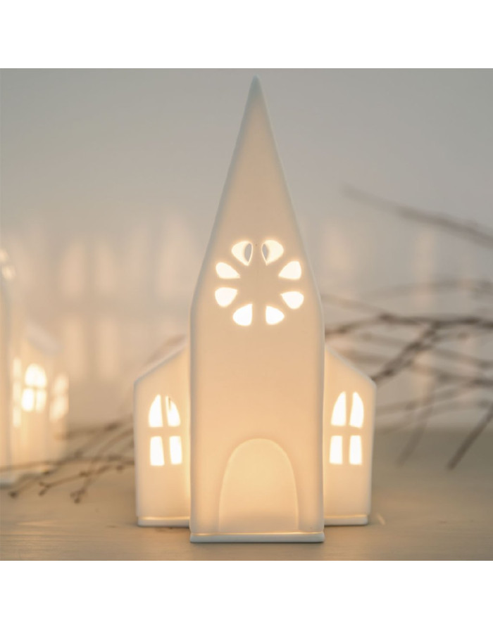  Räder :  Grande église photophore en porcelaine blanche