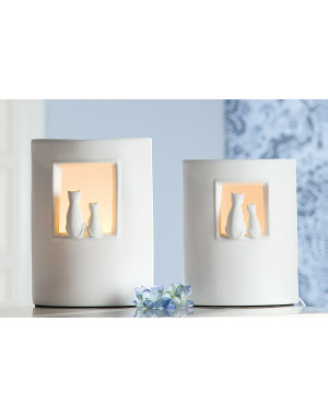 Lampe à poser en porcelaine blanche : Lampe ellipse Duo de chats signée Gilde