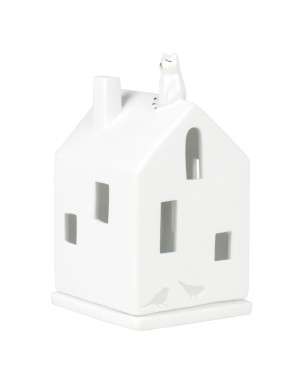 Maison photophore en porcelaine blanche : Chat sur le toit