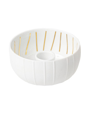 Bougeoir en porcelaine blanche, demi sphère motif lignes dorées